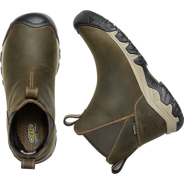 A pair of Keen Greta Chelsea Olive/Timberwolf - Womens slip-on waterproof boots displayed side by side from a top-down perspective.
