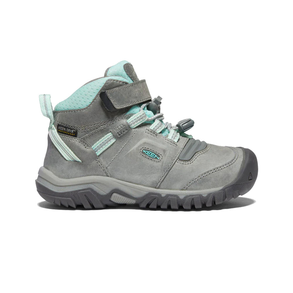 A single gray and teal Keen Kids Ridge Flex Mid WP hiking boot for children displayed against a white background.