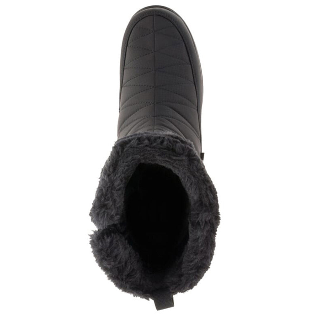 Top-down view of a Kamik Hannah Zip Wide Width Black winter boot with a quilted design, fuzzy lining, and seam-sealed construction.