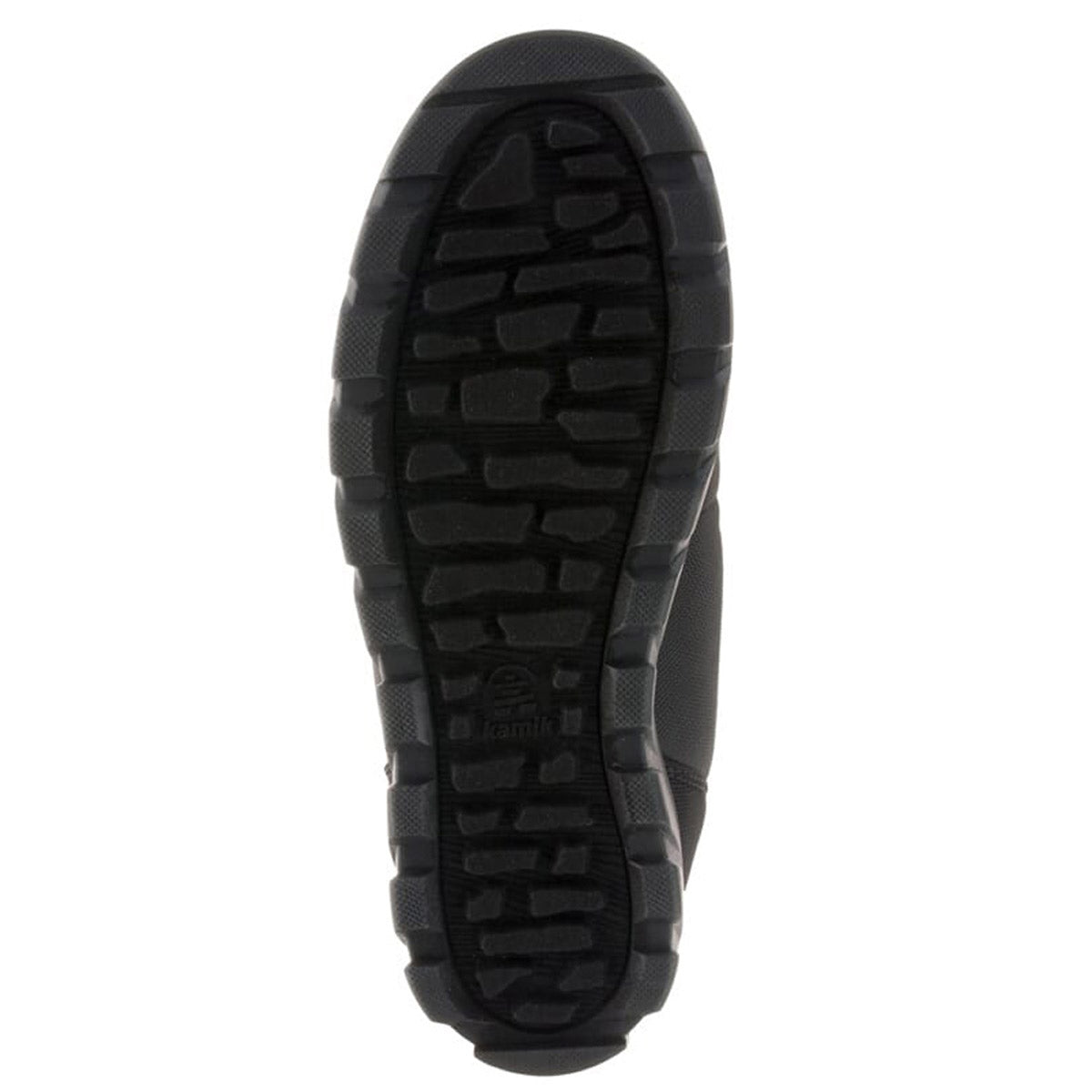 Kamik black vegan-friendly shoe sole with tread pattern.