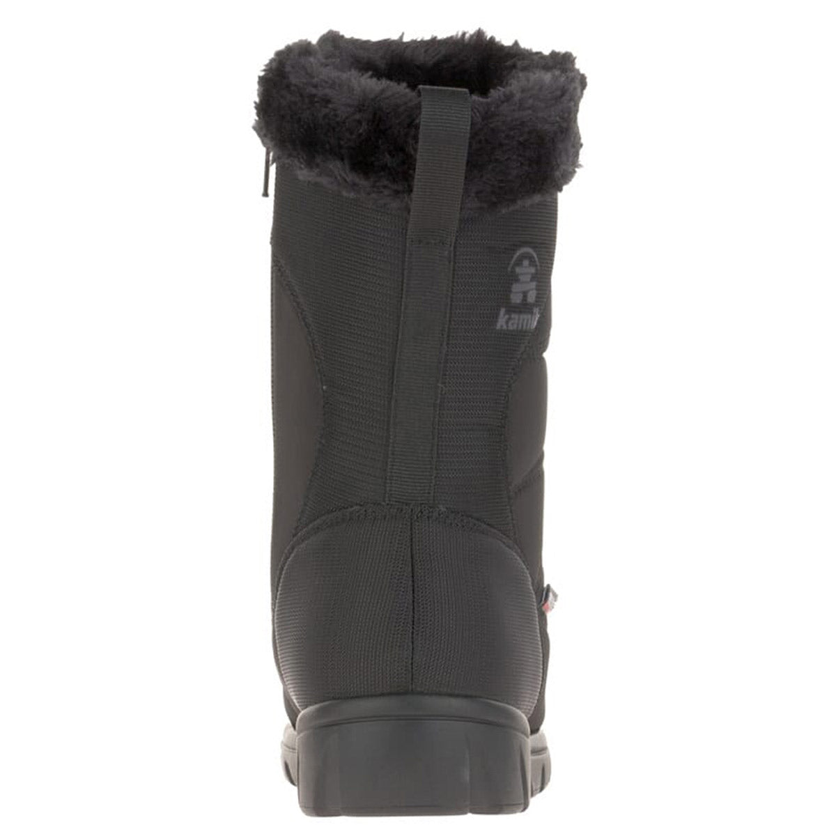 Rear view of a Kamik Hannah Zip Wide Width Black - Womens winter boot with a furry collar, waterproof construction, and logo on the heel.