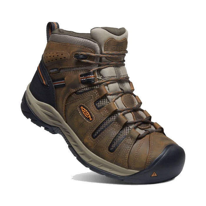 Men&#39;s Keen Flint II Mid WP Soft Toe Cascade Black Olive/Brindle work boot on a white background with a slip-resistant rubber outsole.
