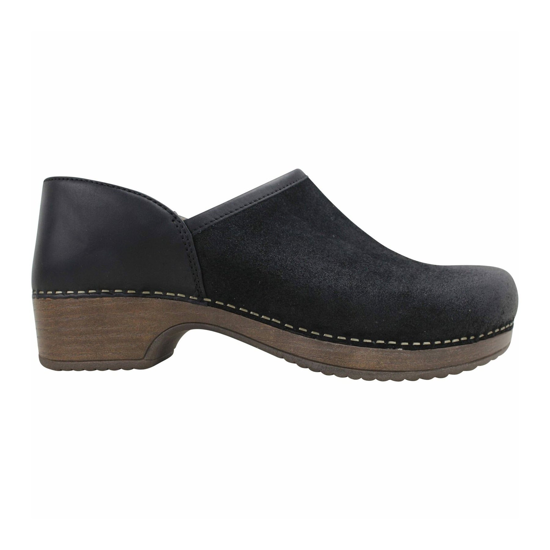 Dansko black burnished suede slip-on shoe with a wooden sole and low heel, featuring Dansko Brenna's signature stain resistance.