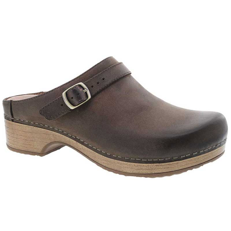 Brown leather Dansko Berry Mule with buckle and wooden sole. 
Product Name: Dansko Berry Brown Milled Burnished - Womens
Brand Name: Dansko