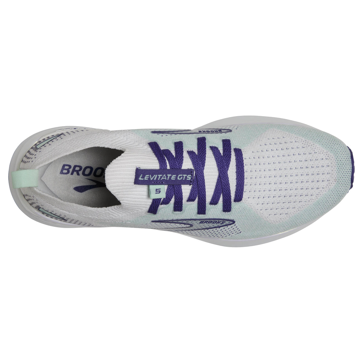 Top view of a white and purple Brooks Levitate Stealthfit GTS 5 running shoe.