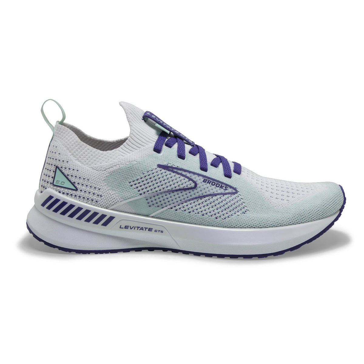 A single Brooks Levitate Stealthfit GTS 5 White/Navy running shoe with purple laces on a white background.