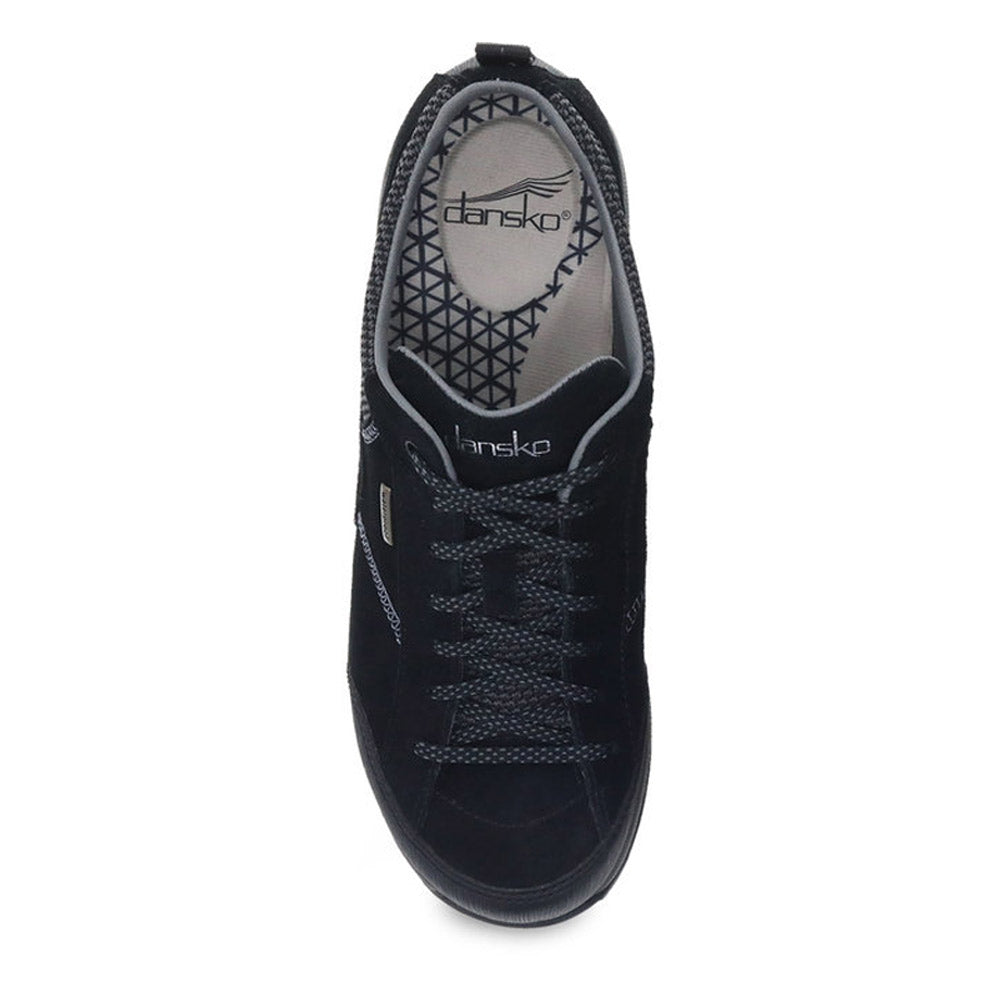 Top view of a black Dansko Paisley sneaker featuring waterproof leather uppers.