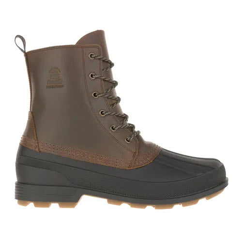Brown and black Kamik Lawrence L men's winter boots with waterproof construction isolated on a white background.