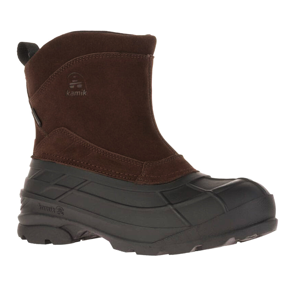 Brown and black insulated boot with a waterproof suede upper, rubber lower part, and Kamik Champlain 3 Side Zip Dark Brown logo on the side.