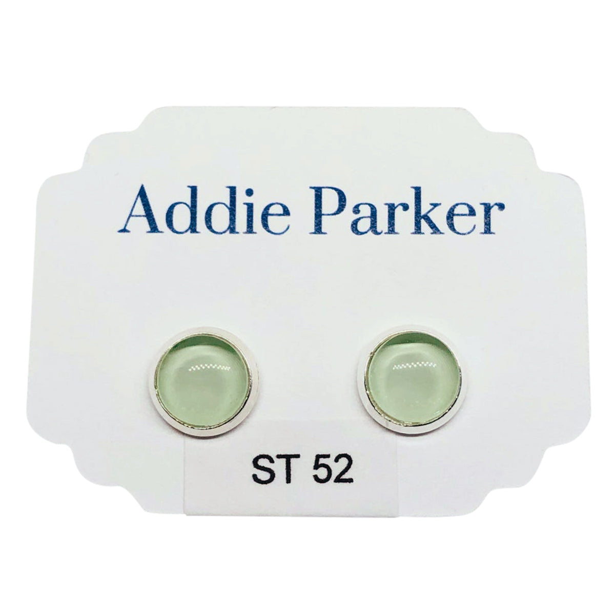 Name badge reading "ADDIE PARKER EARRINGS STUD SET LIGHT GREEN SOLID" with two nickel-free magnetic attachments on the back.