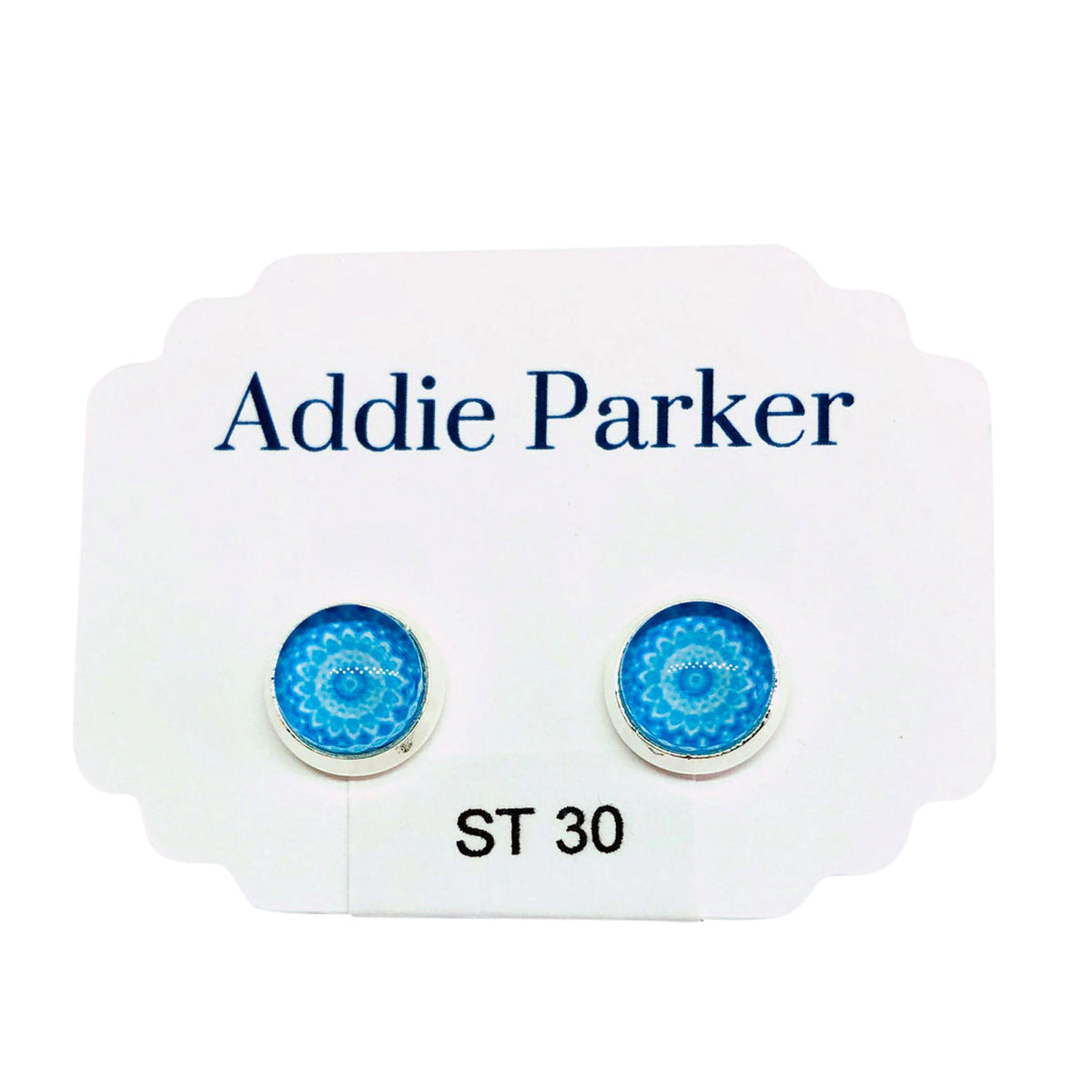 ADDIE PARKER STUD EARRINGS BLUE MANDALA with a lever back closure displayed on a white earring card labeled "Addie Parker.