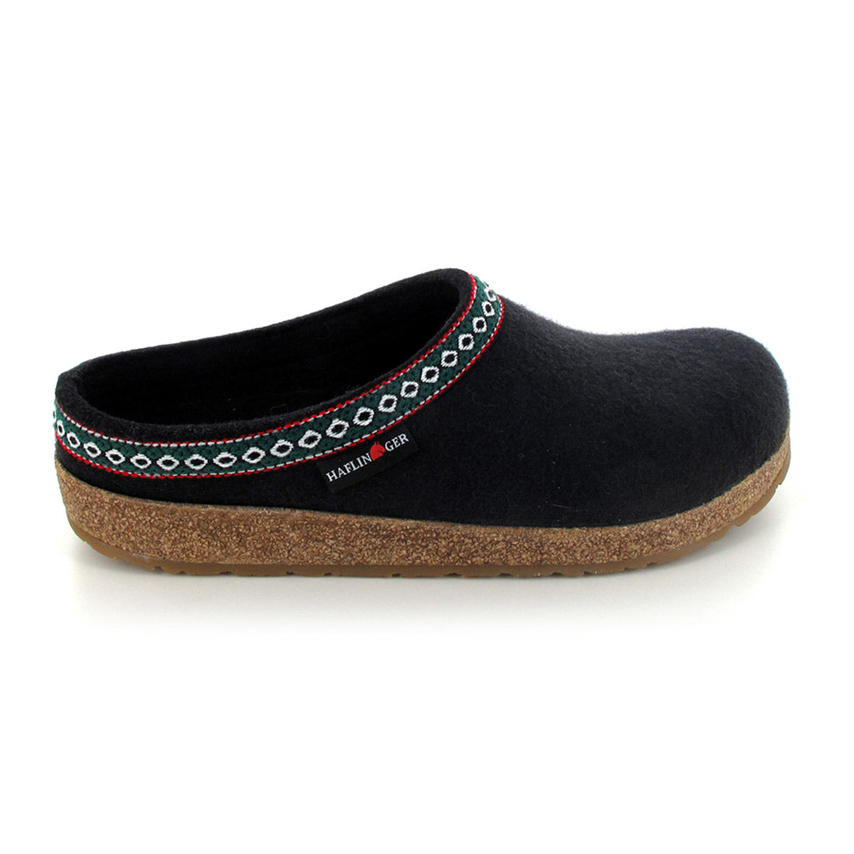 A single black Haflingers GZ Black clog with decorative stitching and a wool felt upper on a white background.