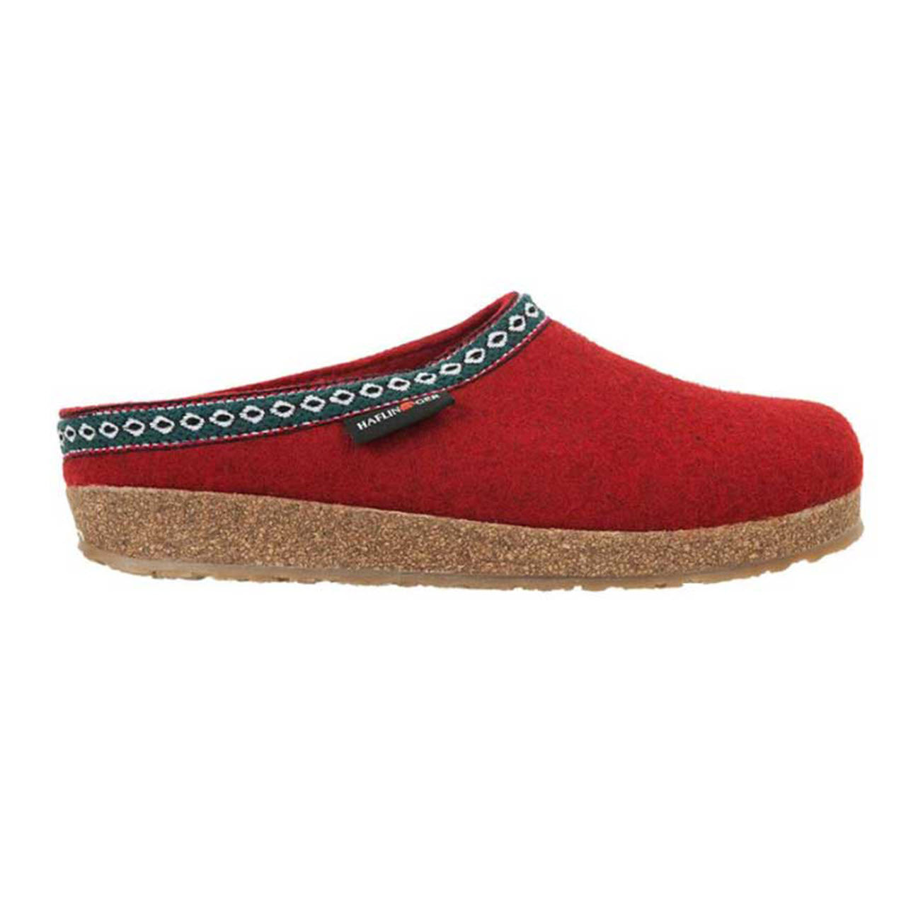 Red Haflingers clog with decorative trim and boiled wool felt on a white background.