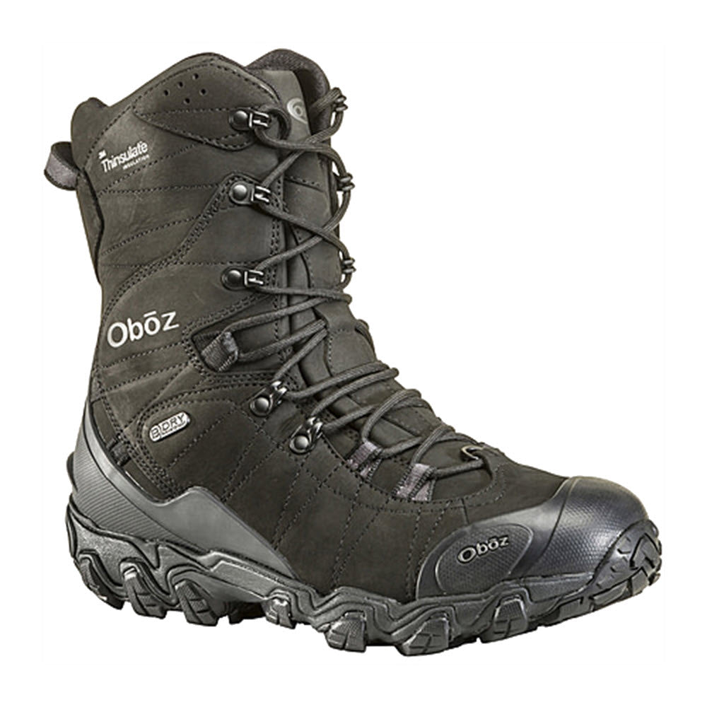 A single Oboz Bridger 10&quot; WP Midnight boot, featuring a high ankle, dark gray color, B-DryTM waterproof breathable membrane, laces, and a rugged sole.