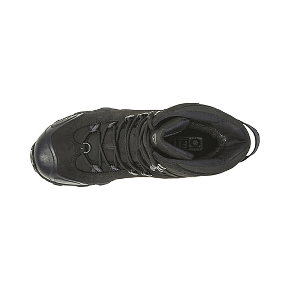Top view of a single black Oboz Bridger 10&quot; boot with laces, displaying the design and structure of the shoe.