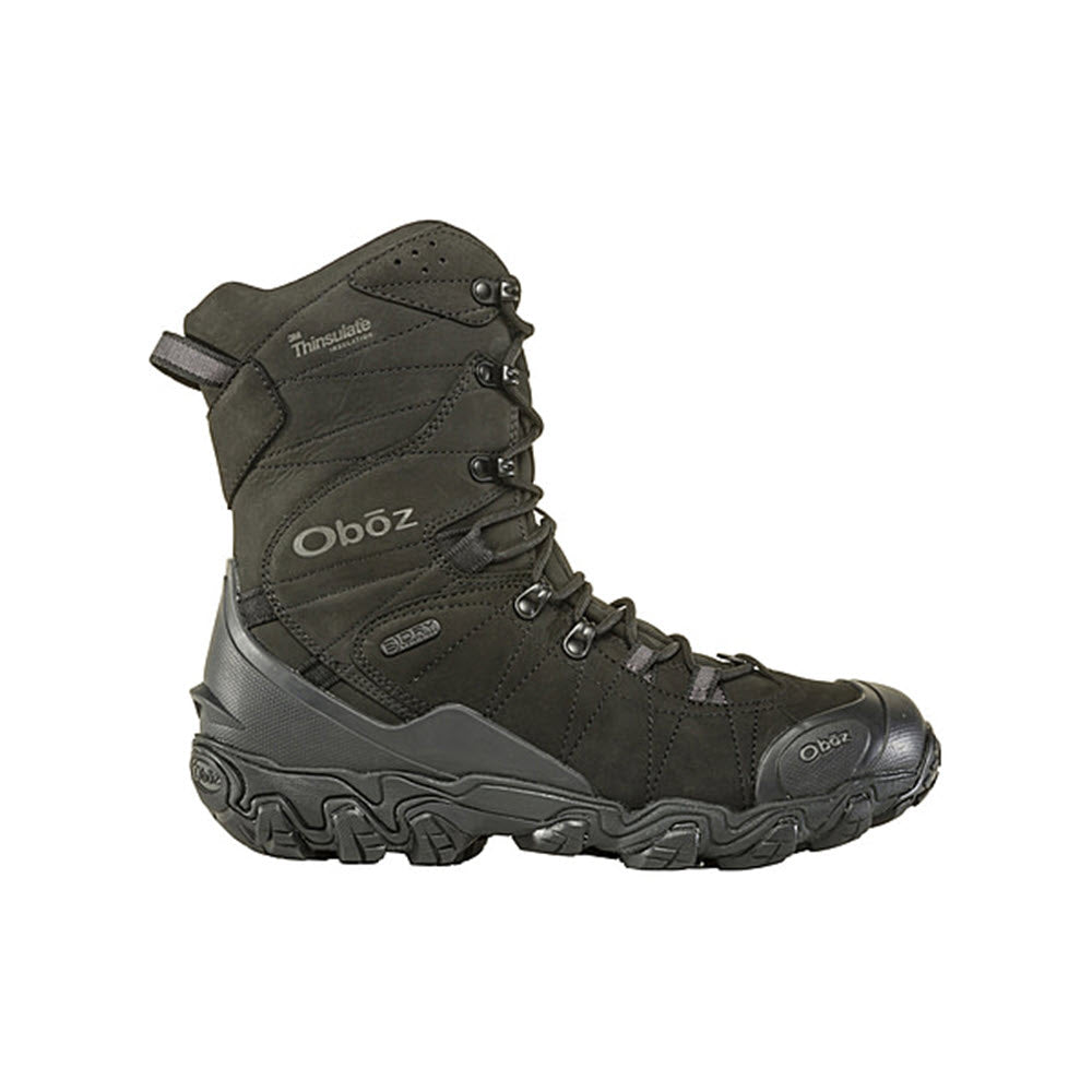 A single dark gray Oboz Bridger 10" boot with thick tread, featuring the B-DryTM waterproof breathable membrane and Thinsulate insulation.