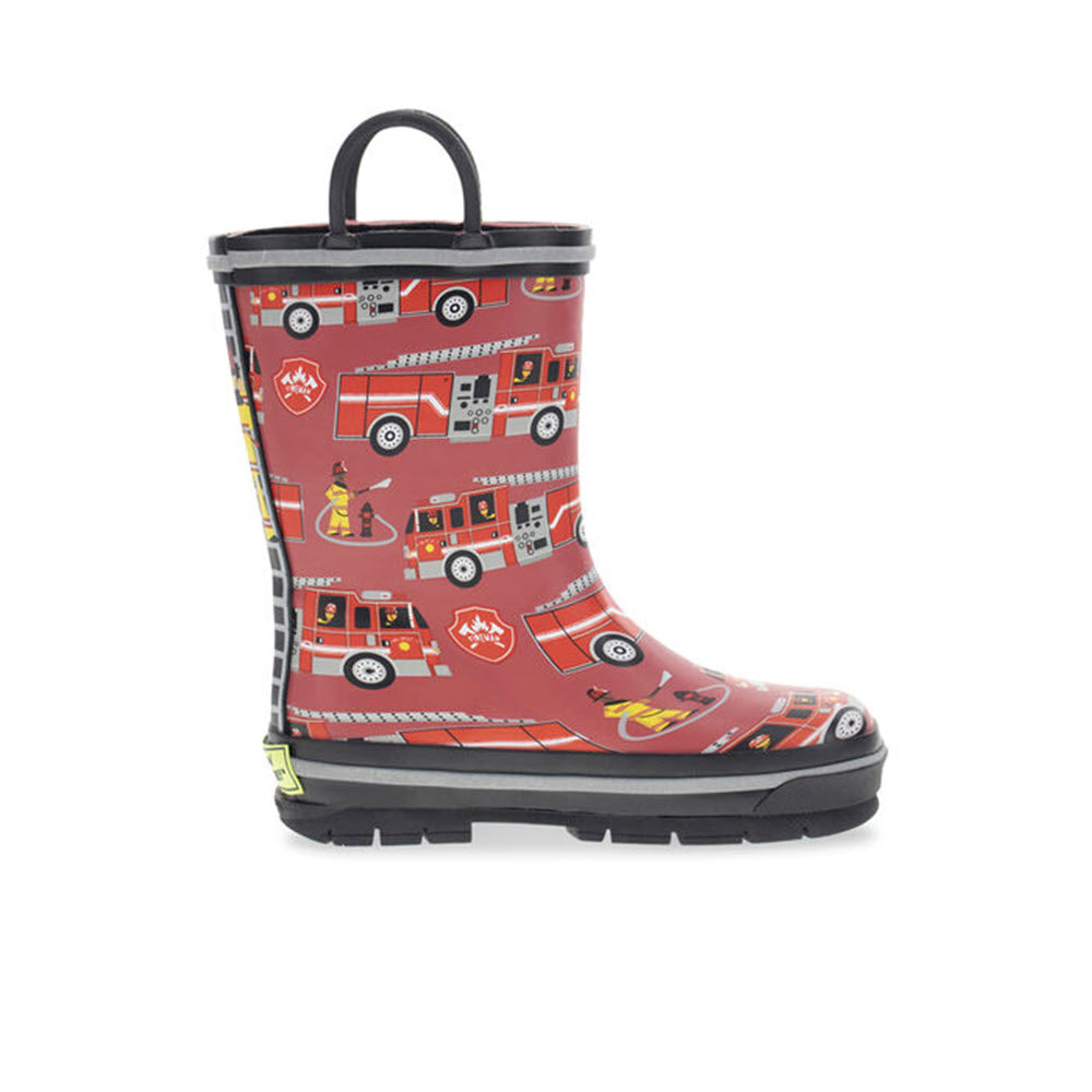 Child's Western Chief Fire Truck Rescue Red rubber boot with enhanced traction, isolated on a white background to keep dry.