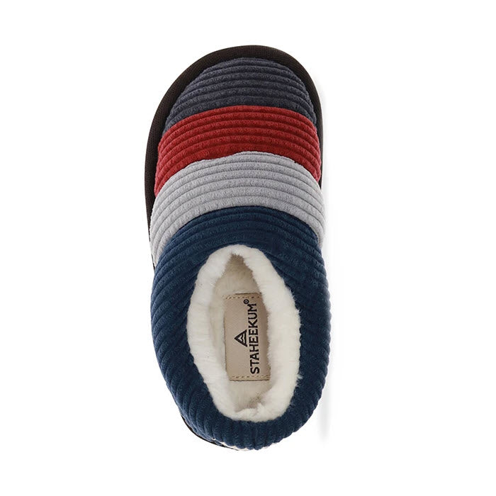 A top-down view of a multi-colored Staheekum Clemson scuff slipper with a label inside.