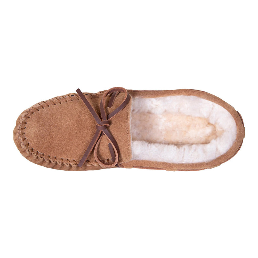 Cloud Nine Ladies MOC 2 Chestnut suede moccasin slipper with sheepskin lining, viewed from above.