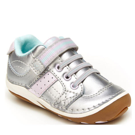 Stride Rite kids shoe, STRIDE RITE SRT SM ARTIE SILVER, with memory foam footbeds, velcro strap, and laces against a white background.