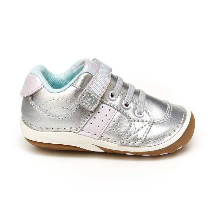 A single Stride Rite SRT SM Artie Silver - Kids toddler&#39;s shoe with velcro straps on a white background.