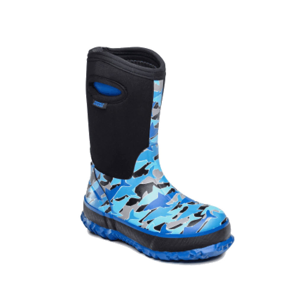 Perfect Storm Cloud High Shark Blue Multi - Kids animal camo-patterned waterproof insulated boot with black neoprene upper.
