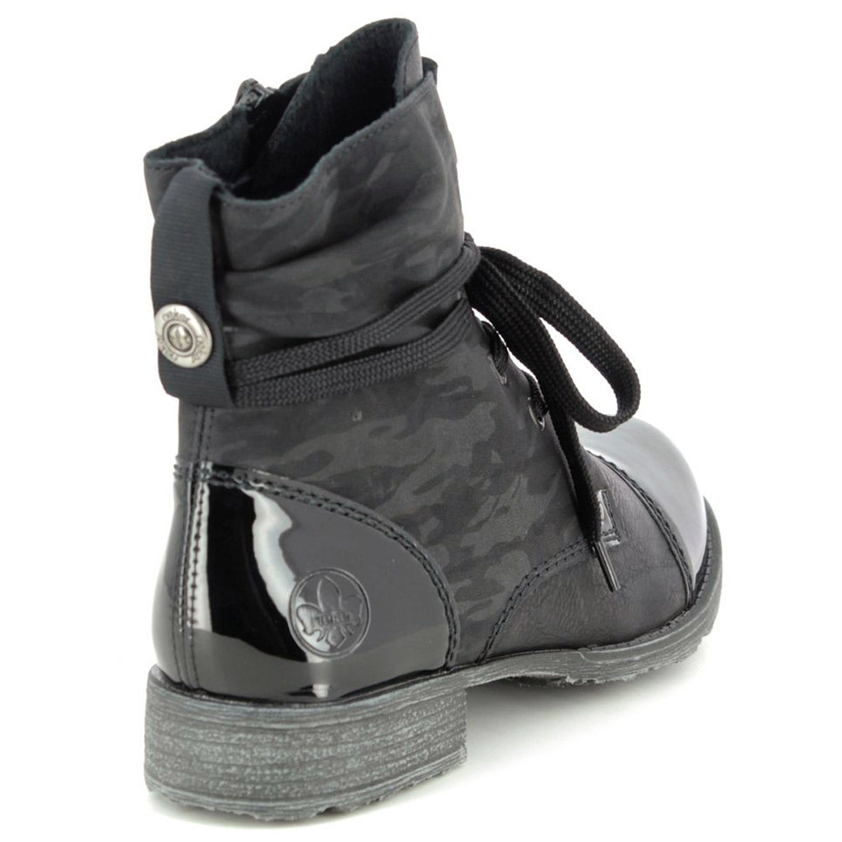 A black camo print toddler boot with camouflage pattern and side zipper - Rieker Lace Up Bootie Black Camo Print.