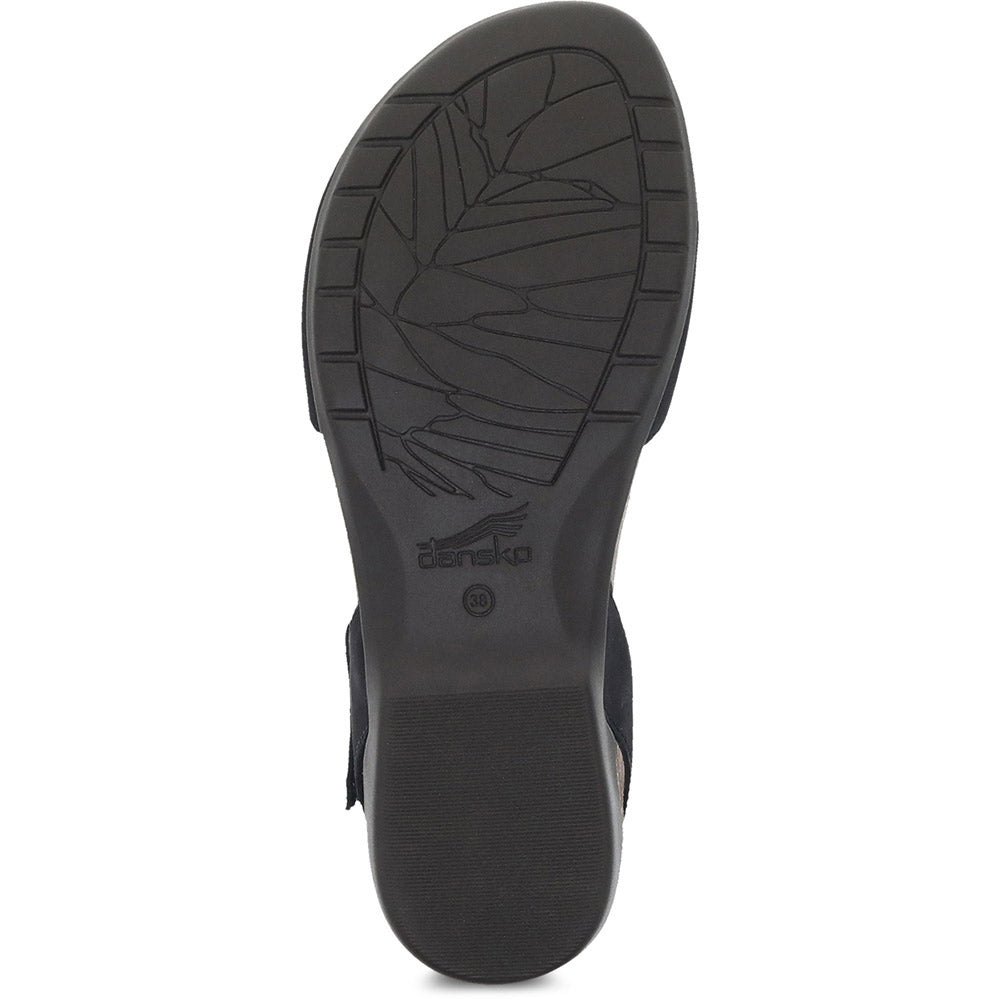 Single black shoe sole displaying tread pattern and branding, designed for women’s Dansko Rowan Black Nubuck with memory foam footbeds.
