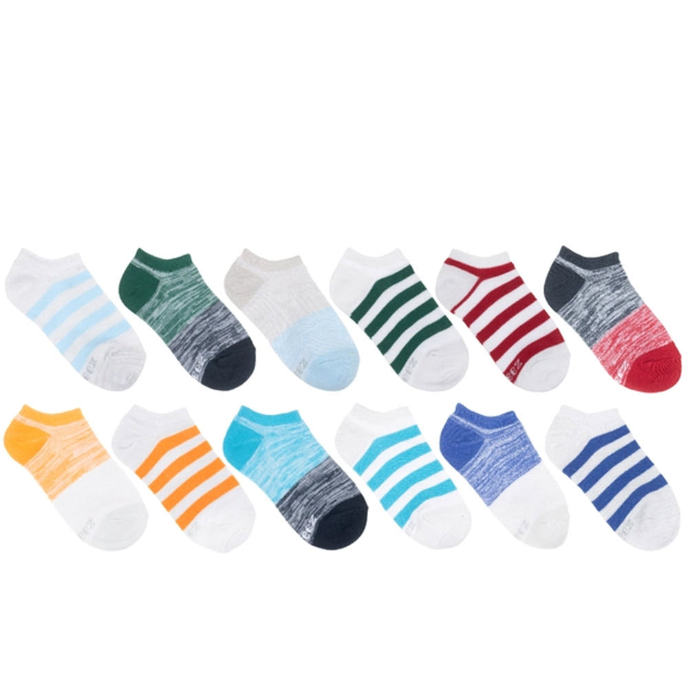A collection of twelve pairs of ROBEEZ NO SHOW SOCKS FREE RUN STRIPE 12 PACK - BOYS, made from recycled plastic bottles, in various colors displayed on a white background.