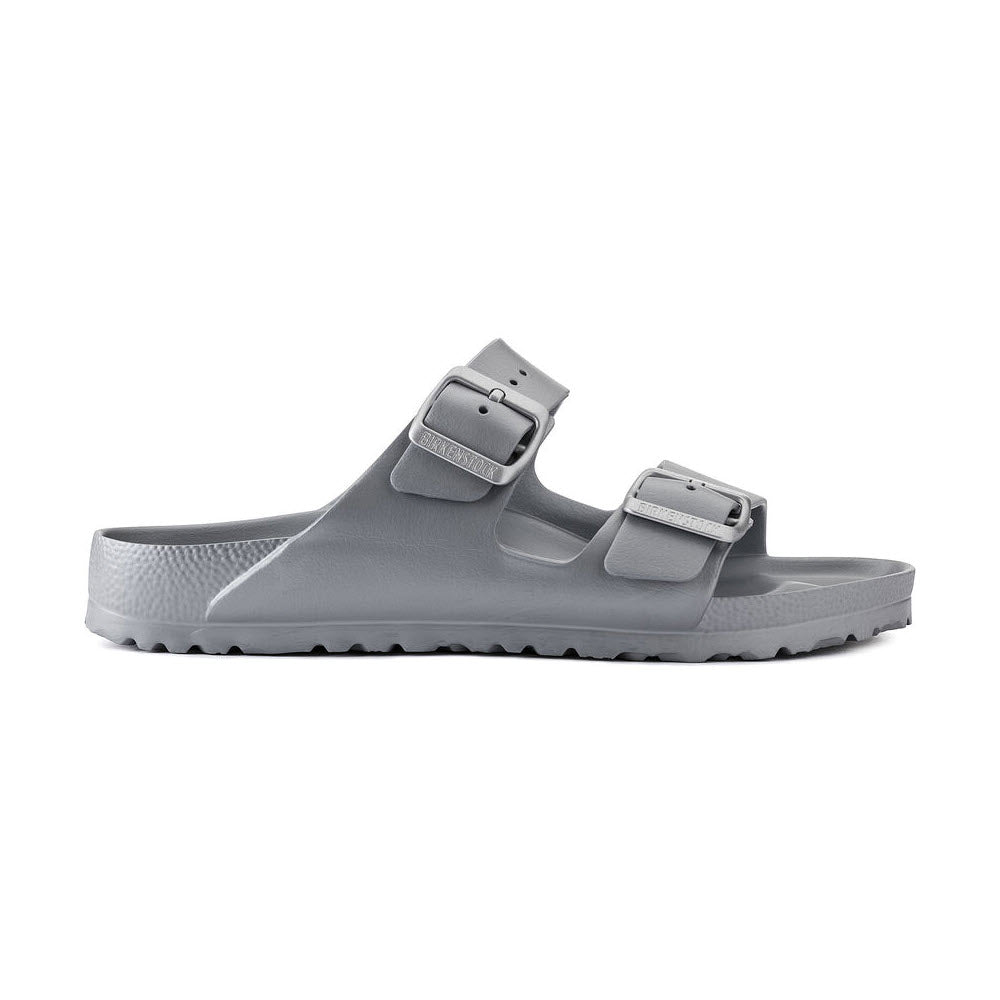 Gray Birkenstock Arizona EVA Metallic Silver buckle-strap sandal on a white background.