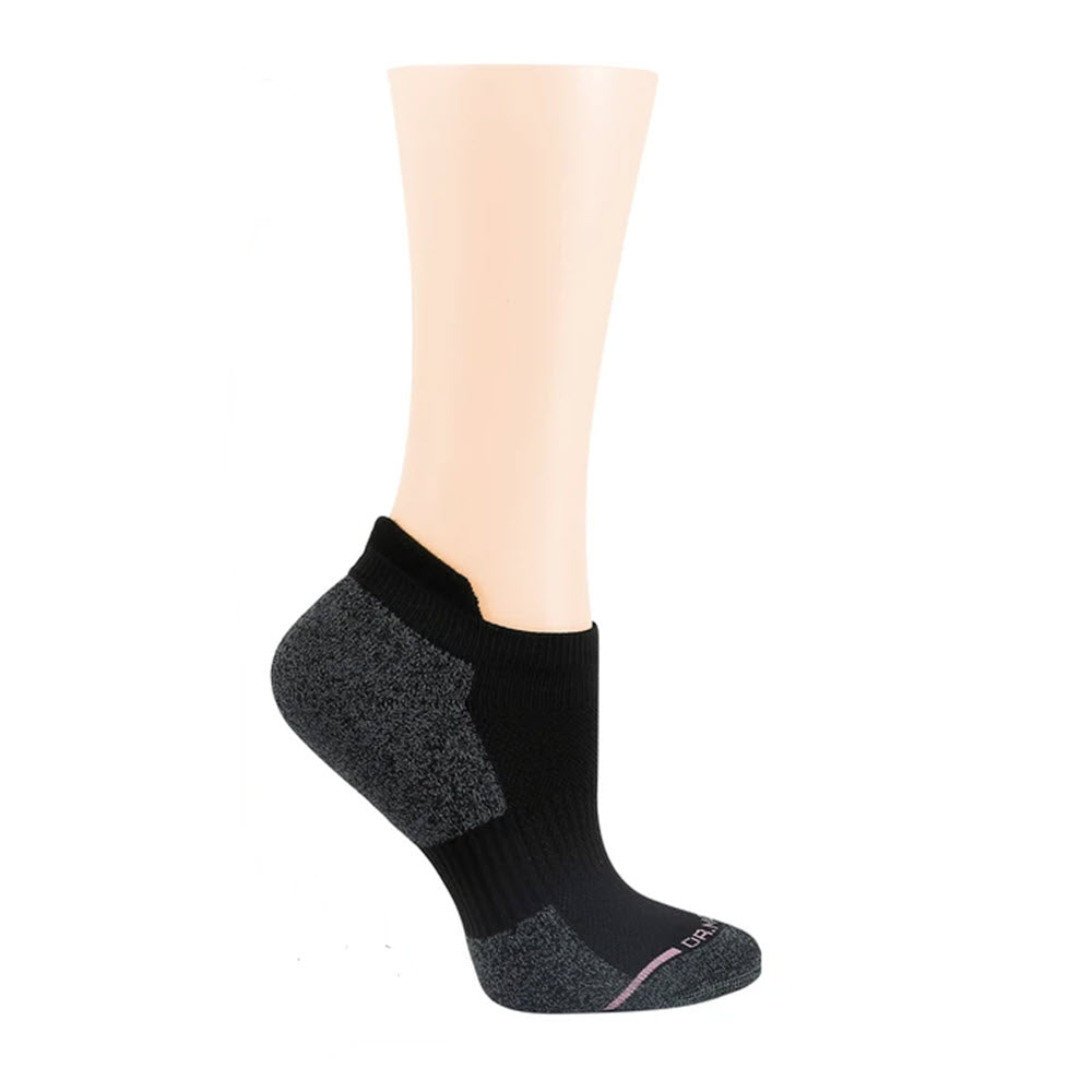A mannequin foot wearing a DR. MOTION ANKLE COMPRESSION BLACKSTORMY sock against a white background.