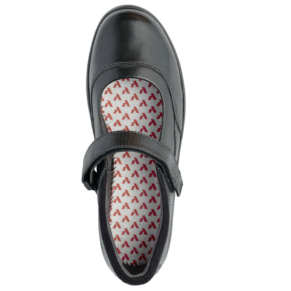 Anodyne Casual Mary Jane shoe with a strap and an orthotic-friendly patterned insole viewed from above.