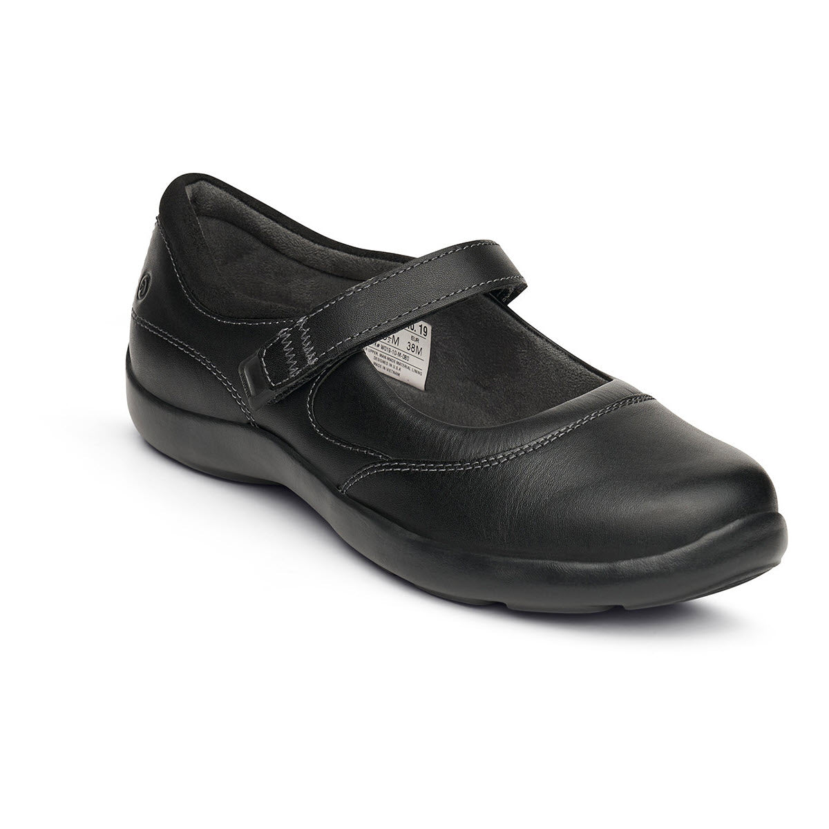 Anodyne orthotic-friendly black leather Mary Jane-style shoe with a single strap closure.