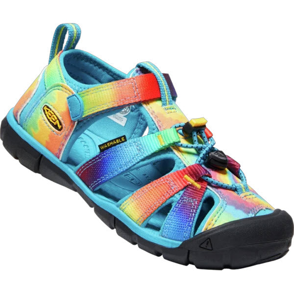 Colorful children&#39;s hybrid water sport sandal Keen Tots Seacamp II CNX Vivid Blue Tie Dye with Secure Fit Lace Capture System and adjustable straps.