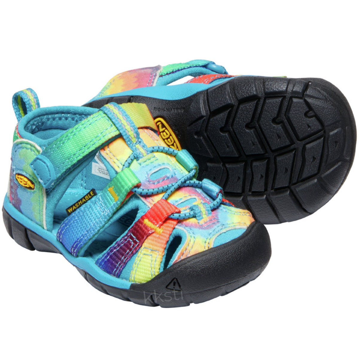 A pair of colorful children&#39;s Keen Tots Seacamp II CNX sandals with velcro straps and a Secure Fit Lace Capture System.