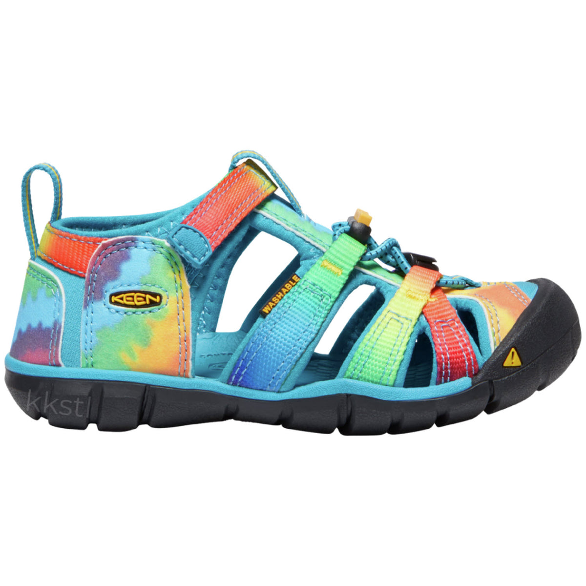 Colorful Keen children&#39;s closed-toe hybrid water sandal with Velcro strap, featuring the Secure Fit Lace Capture System.