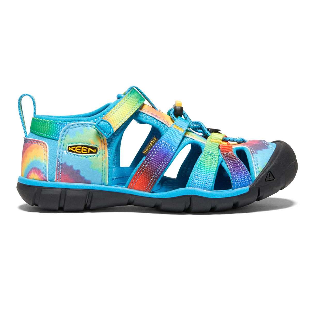 Colorful children&#39;s Keen water sandal with rainbow pattern and velcro straps.