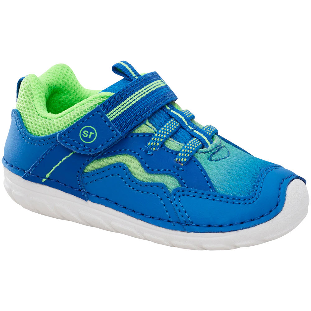 A blue and green Stride Rite Soft Motion Kylo Sneaker for toddlers with hook and loop fastener.