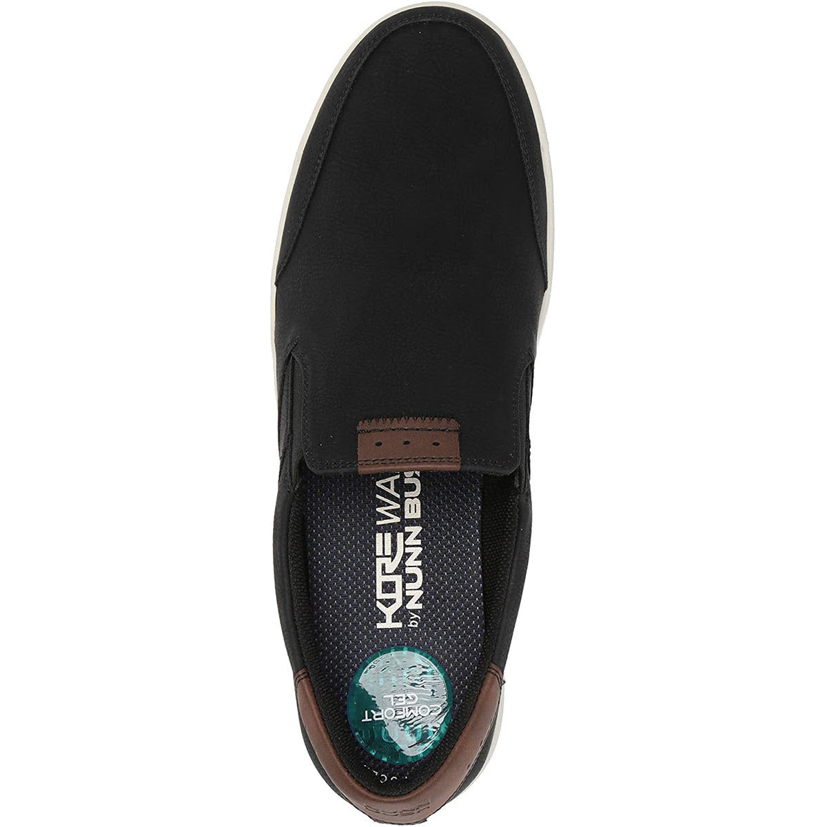 Top view of a single black leather Nunn Bush Kore City Walk Slip-On shoe with a visible brand logo on the Comfort Gel footbed.