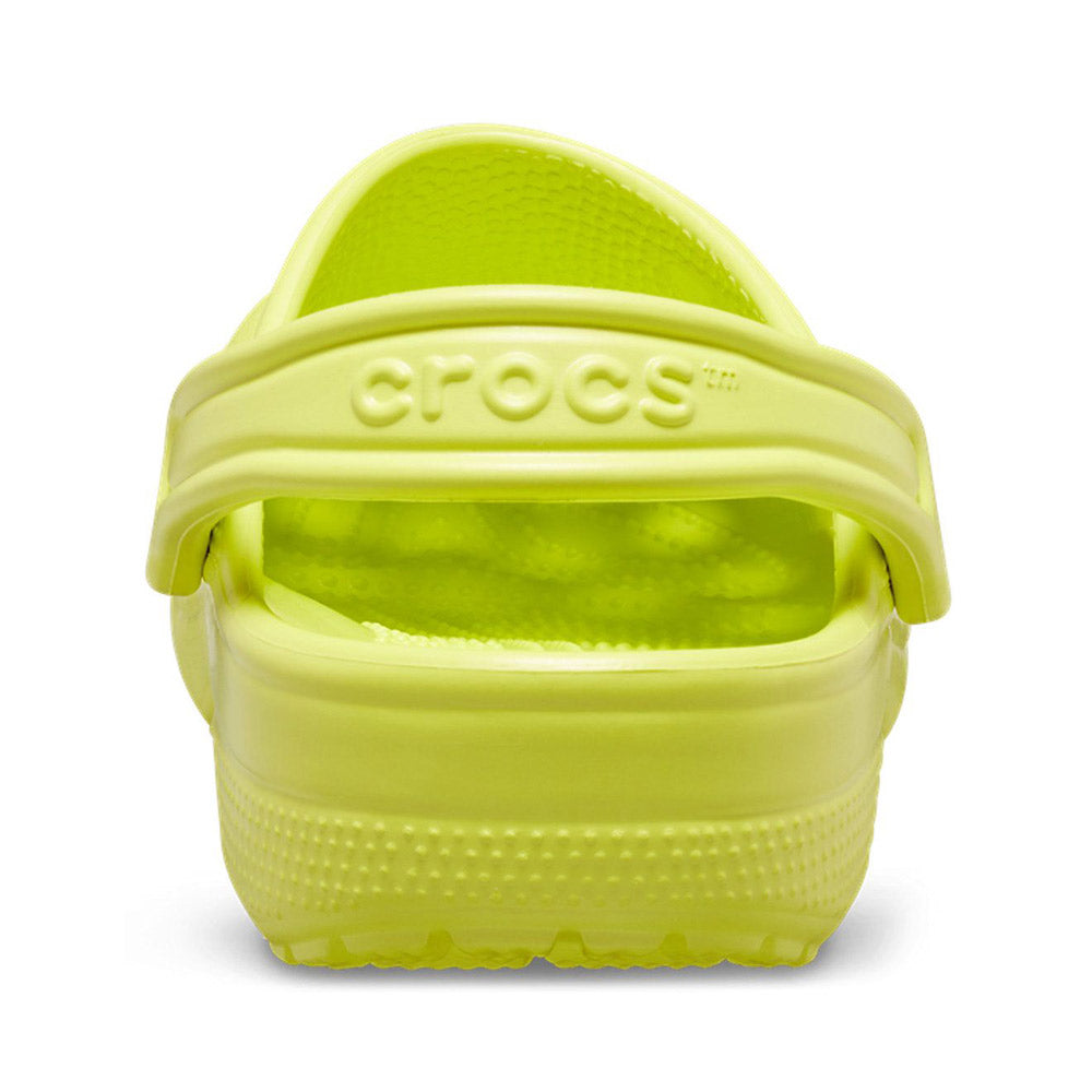 A rear view of a lime green Crocs Classic Citrus Women&#39;s shoe, featuring a ventilated forefoot.