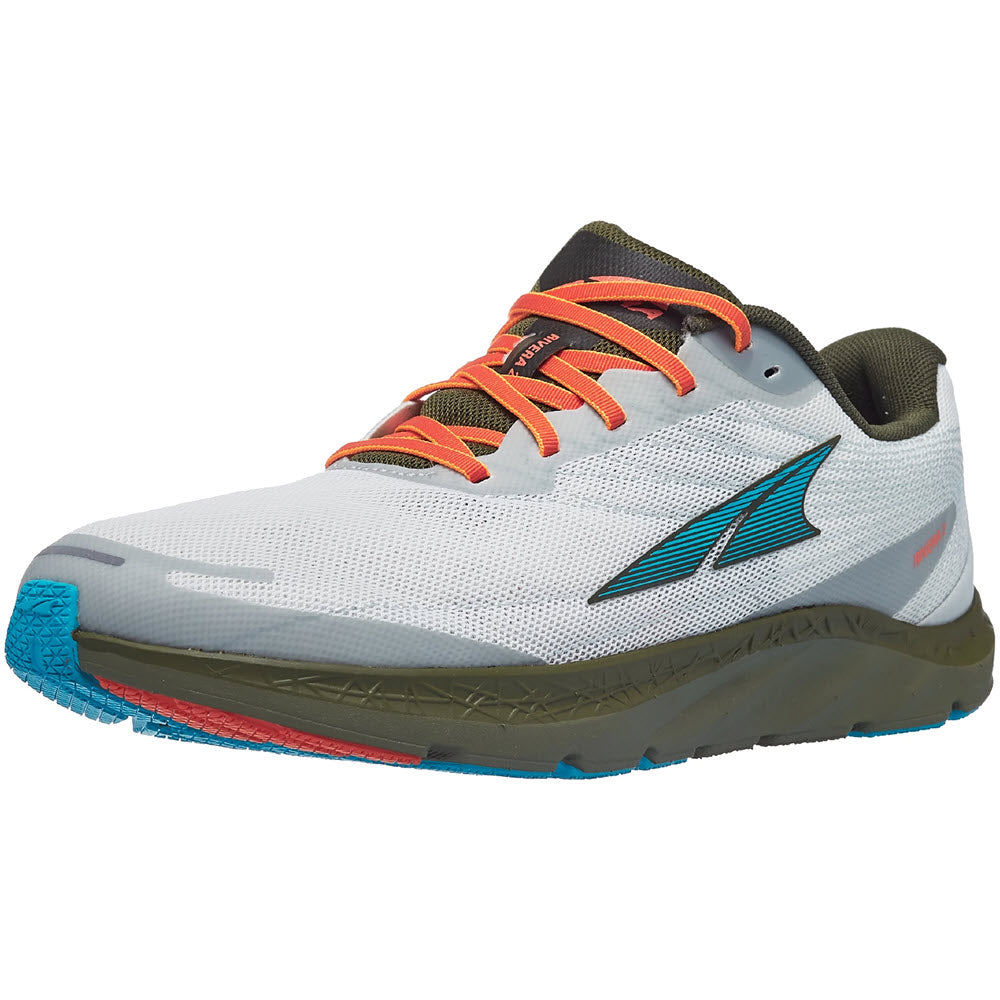 A side view of a white Altra Rivera 2, a neutral road shoe with colorful accents and a distinctive logo on the side.