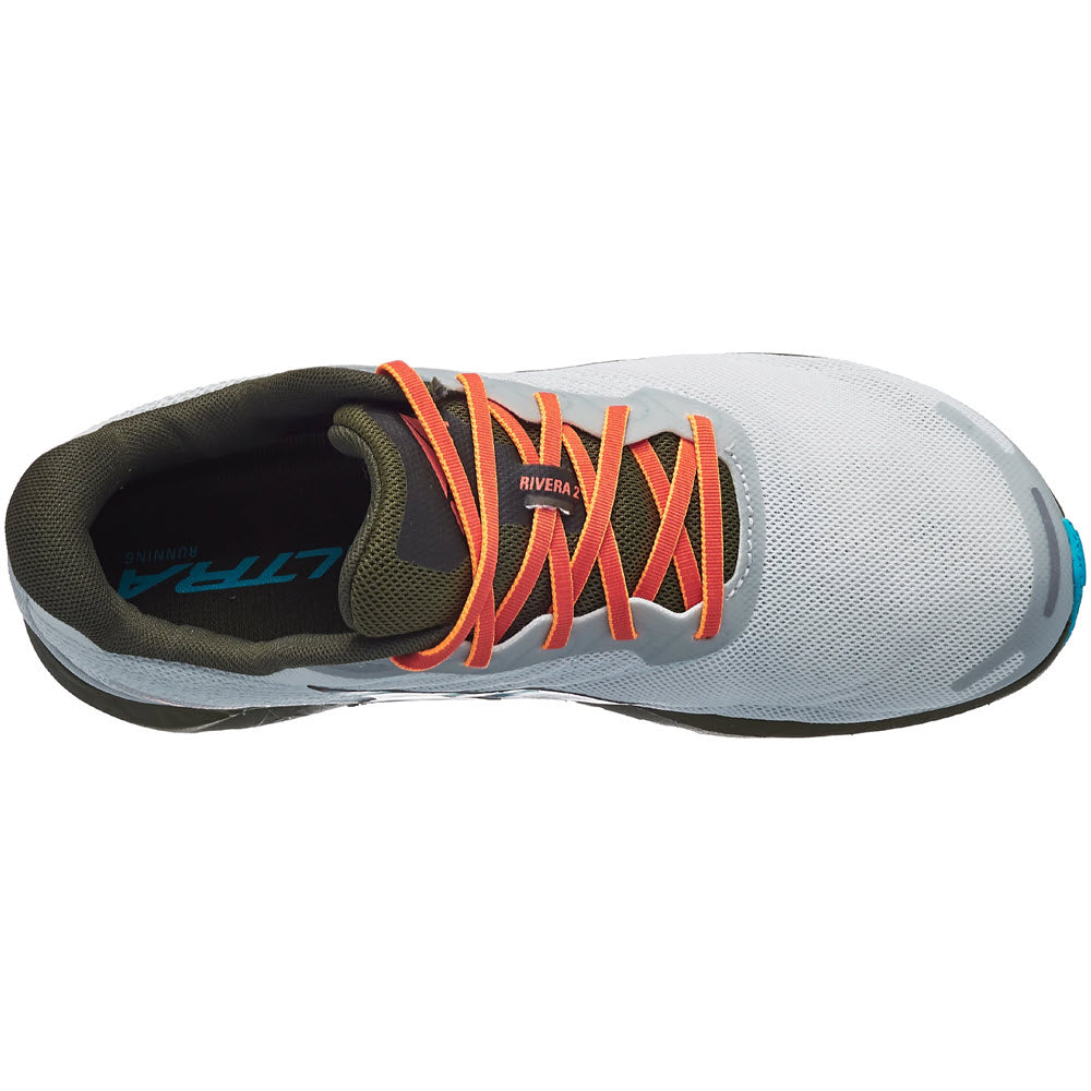 Top view of a white Altra Rivera 2 White/Green Mens running shoe with orange laces.