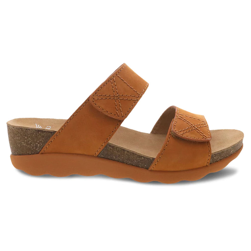 Women's tan platform sandal with velcro strap and lightweight cork midsole on a white background, Dansko Maddy Slide. Replace with: DANSKO MADDY ORANGE MILLED NUBUCK - WOMENS by Dansko.