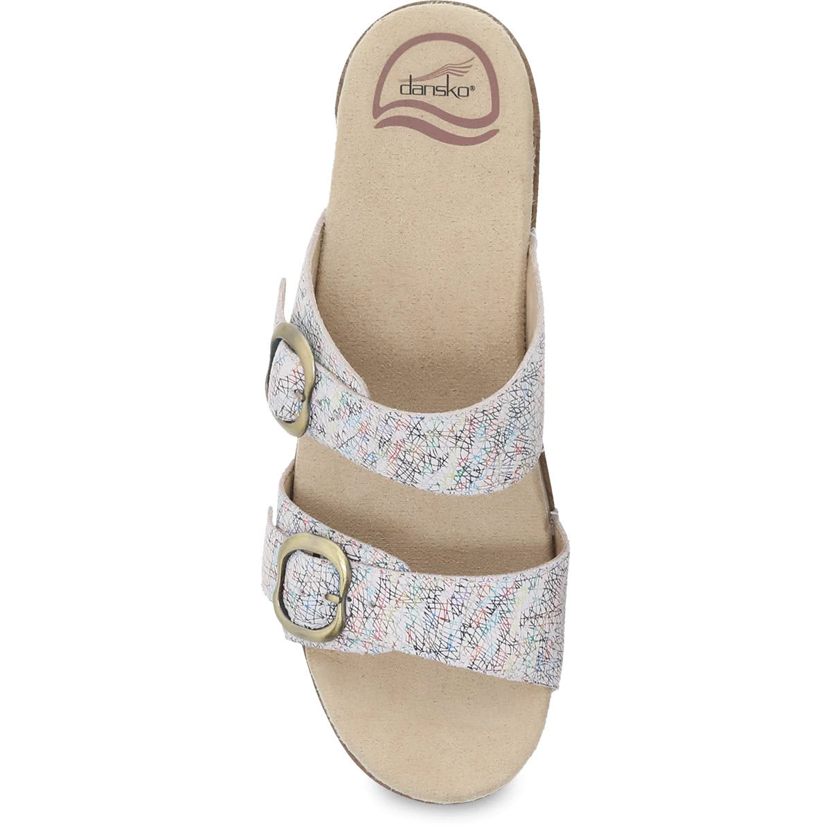Dansko Sophie White Multi Slide Sandal, a comfort-minded women&#39;s sandal with adjustable straps and a patterned design.