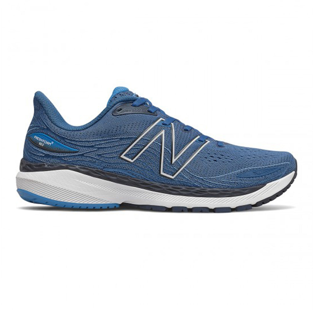 A single blue New Balance M860v12 Oxygen Blue running shoe with a prominent white "N" logo on the side, designed for the right foot, on a white background.