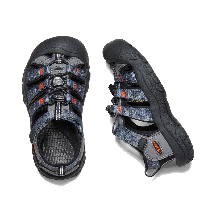 A pair of Keen Newport Steel Grey - Kids waterproof sandals with velcro straps displayed on a white background.