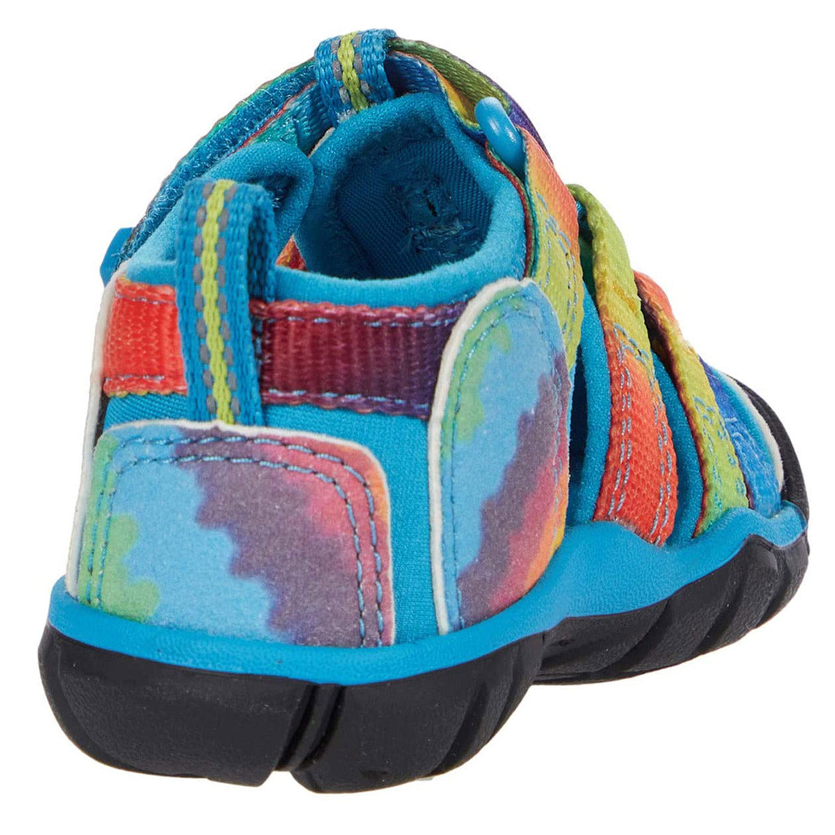 Colorful Keen child&#39;s hybrid water sandal with velcro straps shown from a rear angle.