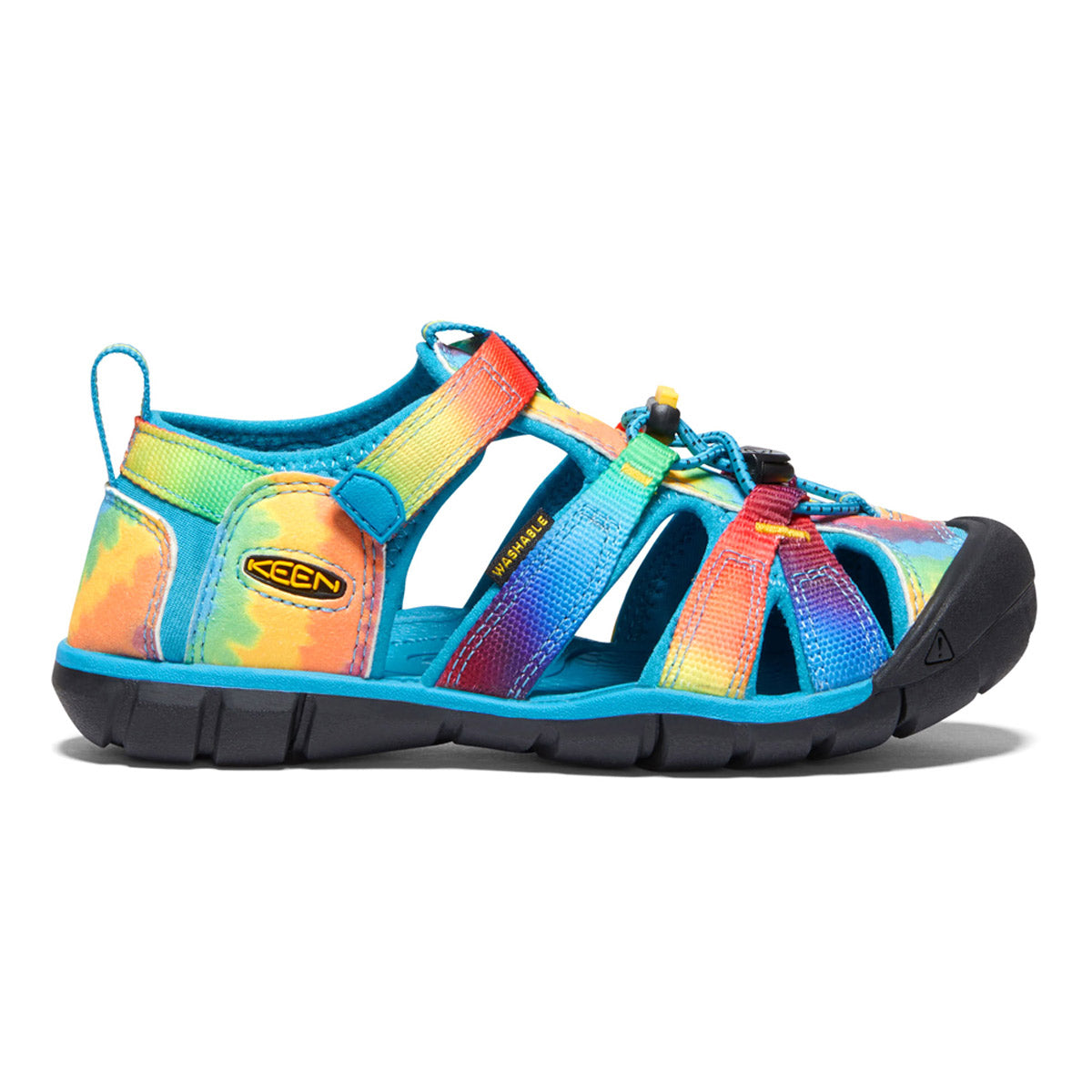 Colorful children&#39;s Keen Seacamp II CNX sandals with a closed toe and adjustable strap via the Secure Fit Lace Capture System.