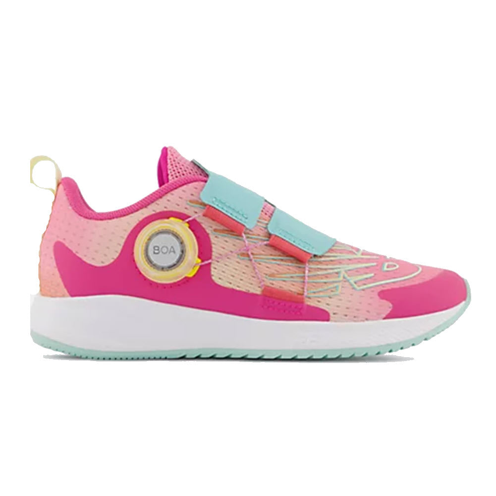 A pink and aqua blue New Balance FuelCore Reveal BOA HI-PINK/SURF kids' running shoe with a boa lacing system and REVlite cushioning on a white background.