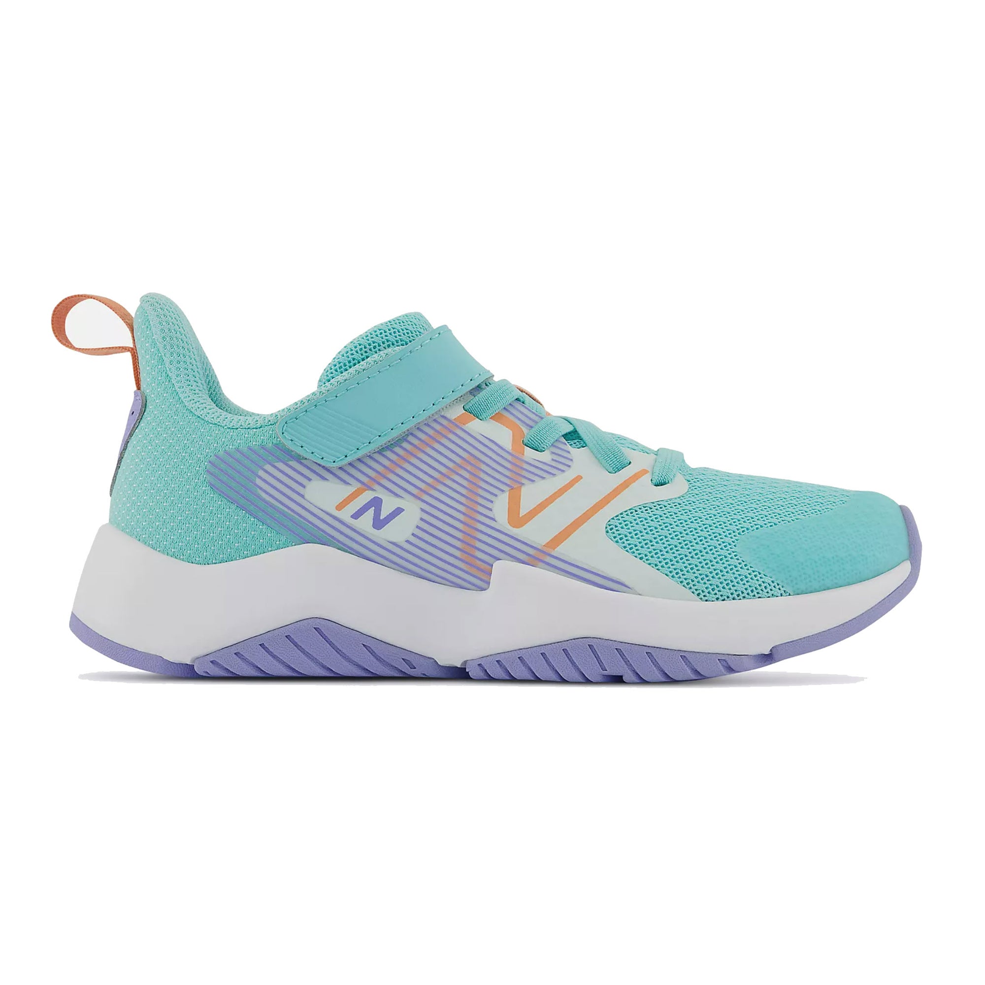 New Balance aqua blue and peach kids' running shoe with "n" logo on the side and a white, breathable upper, in a side profile view.